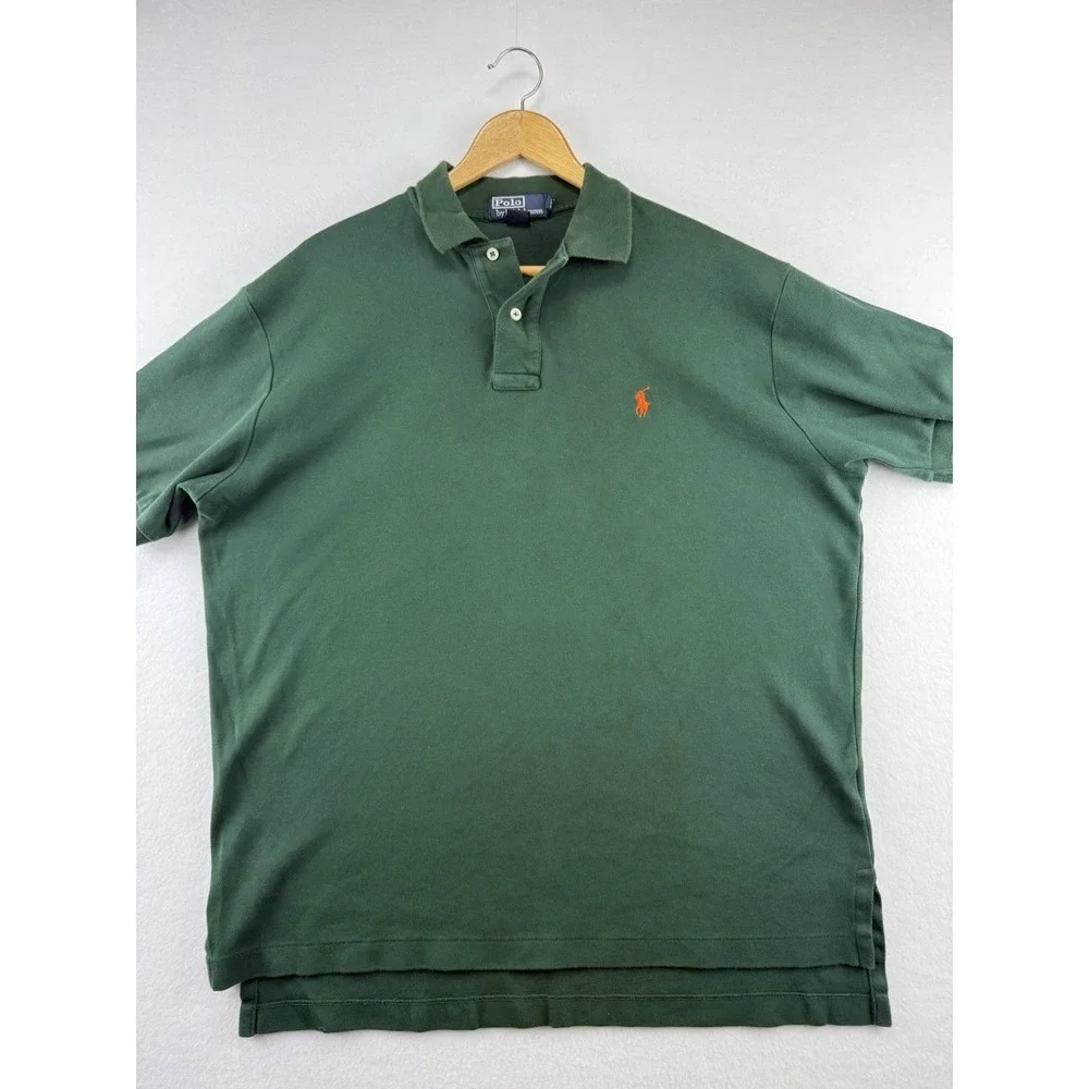 Polo Ralph Lauren Classic Green Cotton Short Sleeve Shirt Men's LG Orange Pony‎